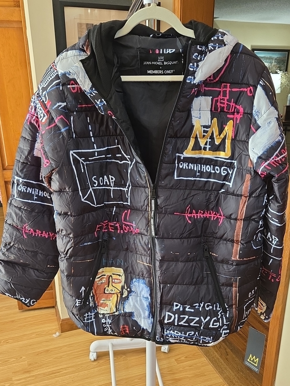 Members Only Mens Black Jean-Michel Basquiat Graphic Puffer Jacket